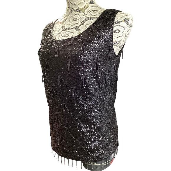 Vintage 100% wool Gimbels 1960s black sequin and beaded fringe cocktail top - Picture 2 of 7